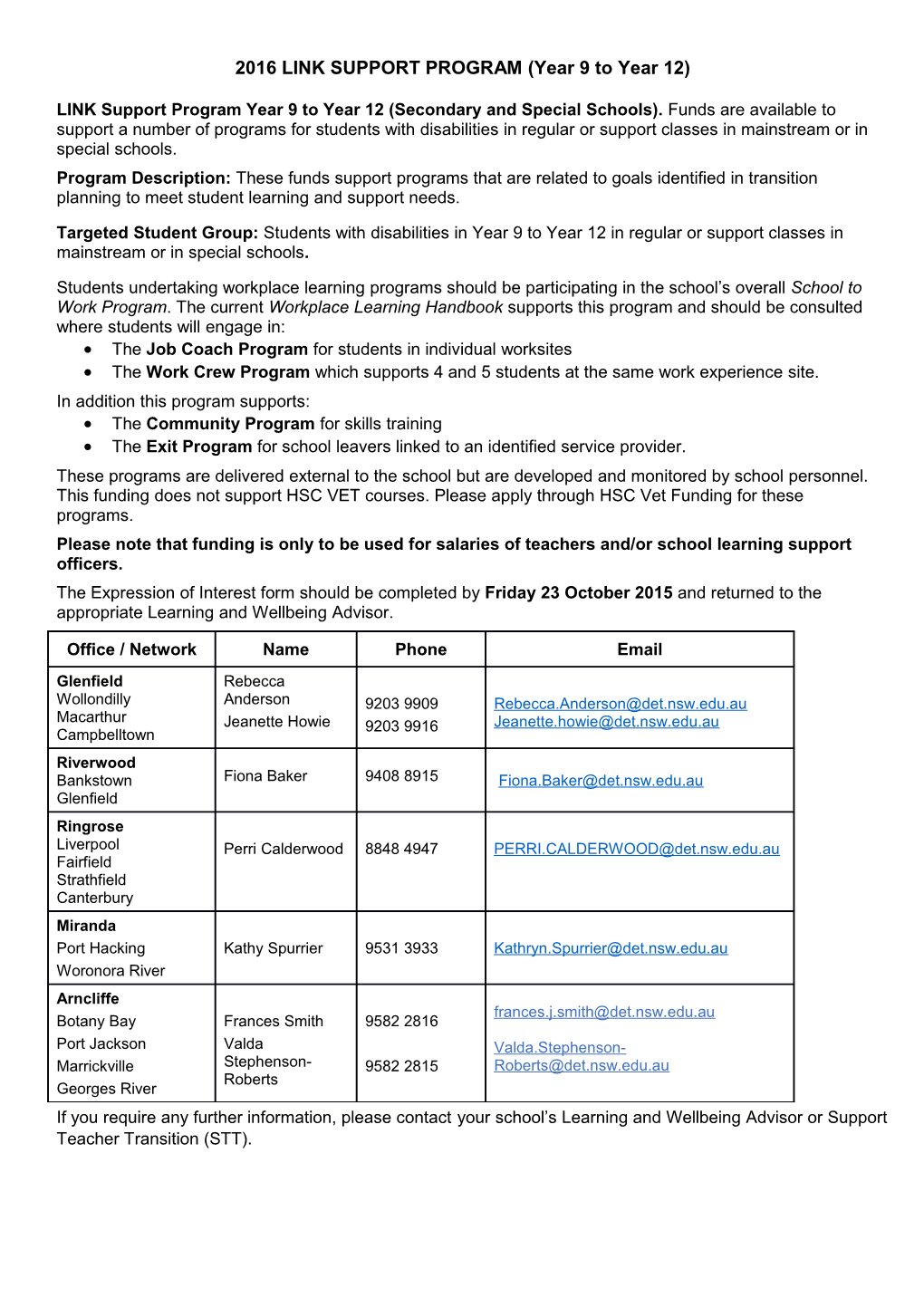 2016 LINK SUPPORT PROGRAM (Year 9 to Year 12)