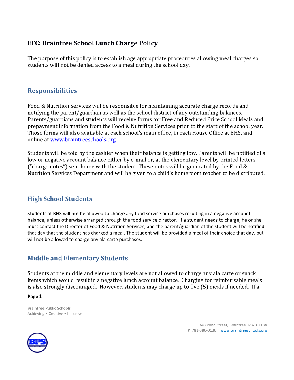 EFC: Braintree School Lunch Charge Policy