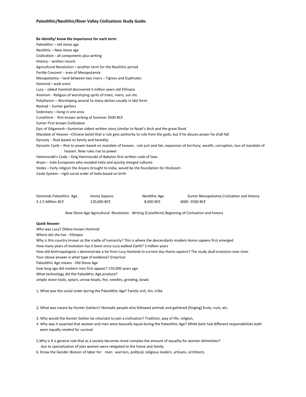 Paleolithic/Neolithic/River Valley Civilizations Study Guide