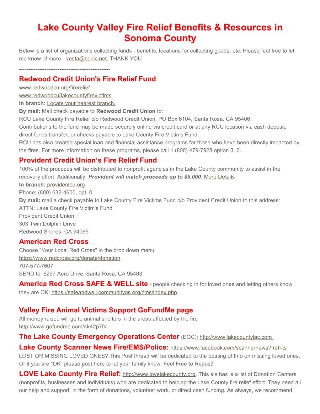 Lake County Valley Fire Relief Benefits & Resources in Sonoma County