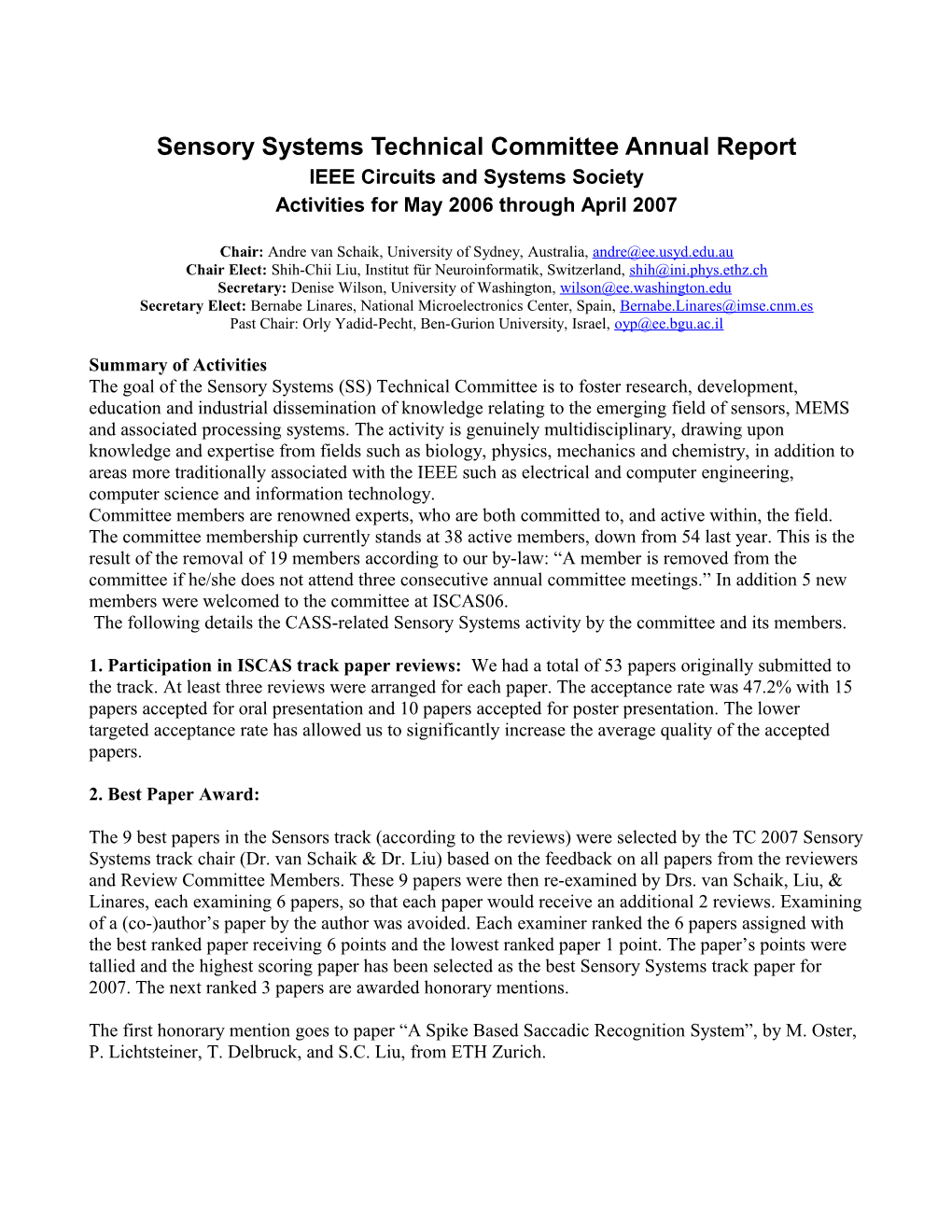 Sensory Systems Technical Committee Activity Report