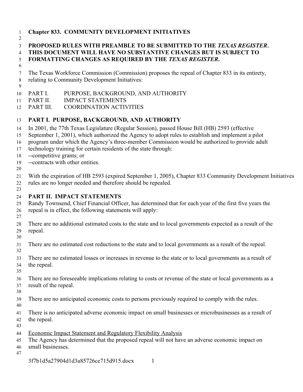 TWC Commission Meeting Materials November 16, 2015 - Proposed Repeal of Rules on Community