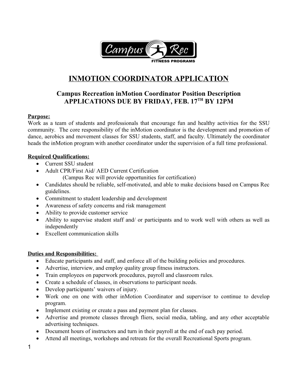 Campus Recreation Inmotion Coordinator Position Description