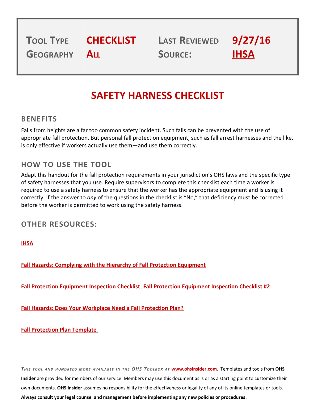 Safety Harness Checklist