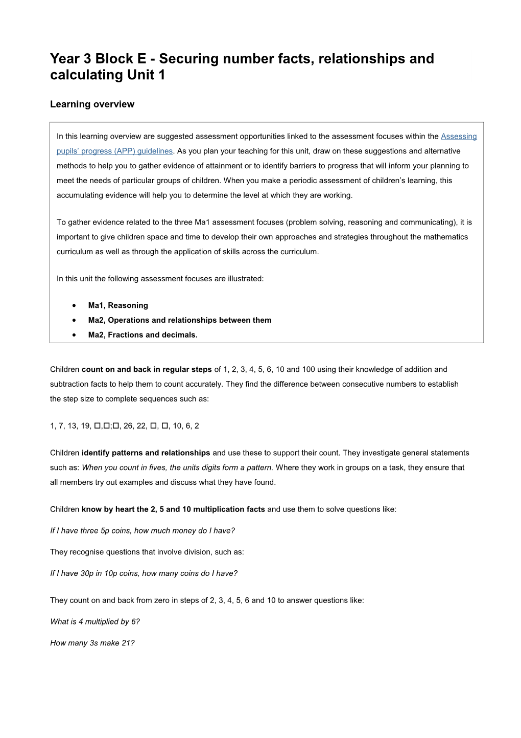 Year 3 Block E - Securing Number Facts, Relationships and Calculating Unit 1