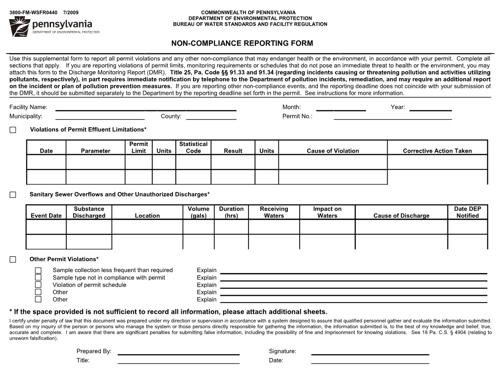 Use This Supplemental Form to Report All Permit Violations and Any Other Non-Compliance