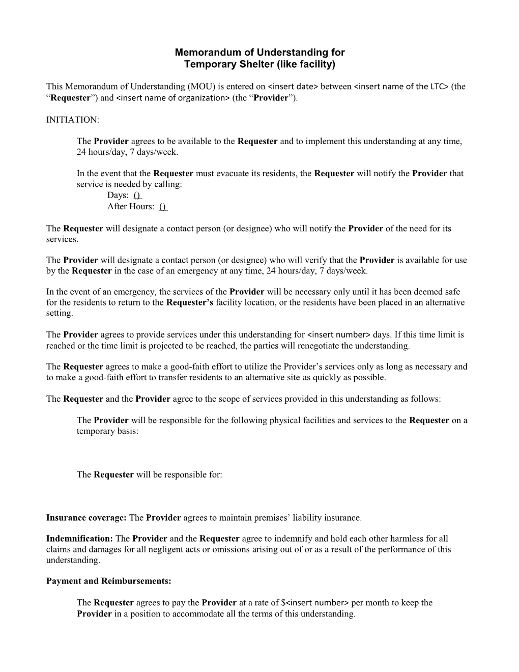 Memorandum of Understanding for Temporary Shelter, F-01330