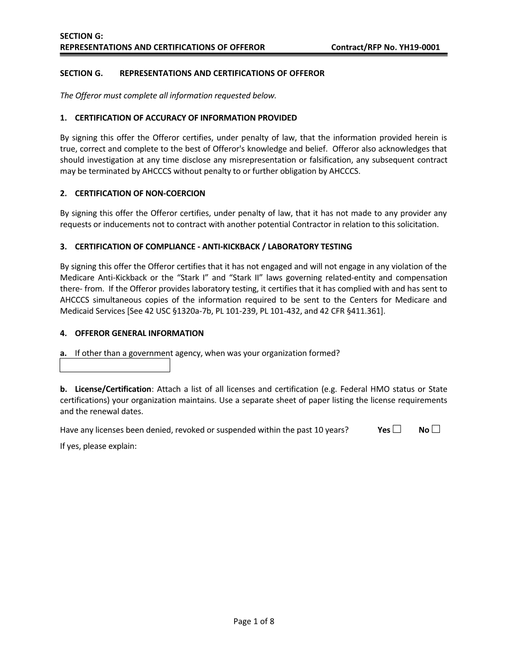 REPRESENTATIONS and CERTIFICATIONS of Offerorcontract/RFP No. YH19-0001