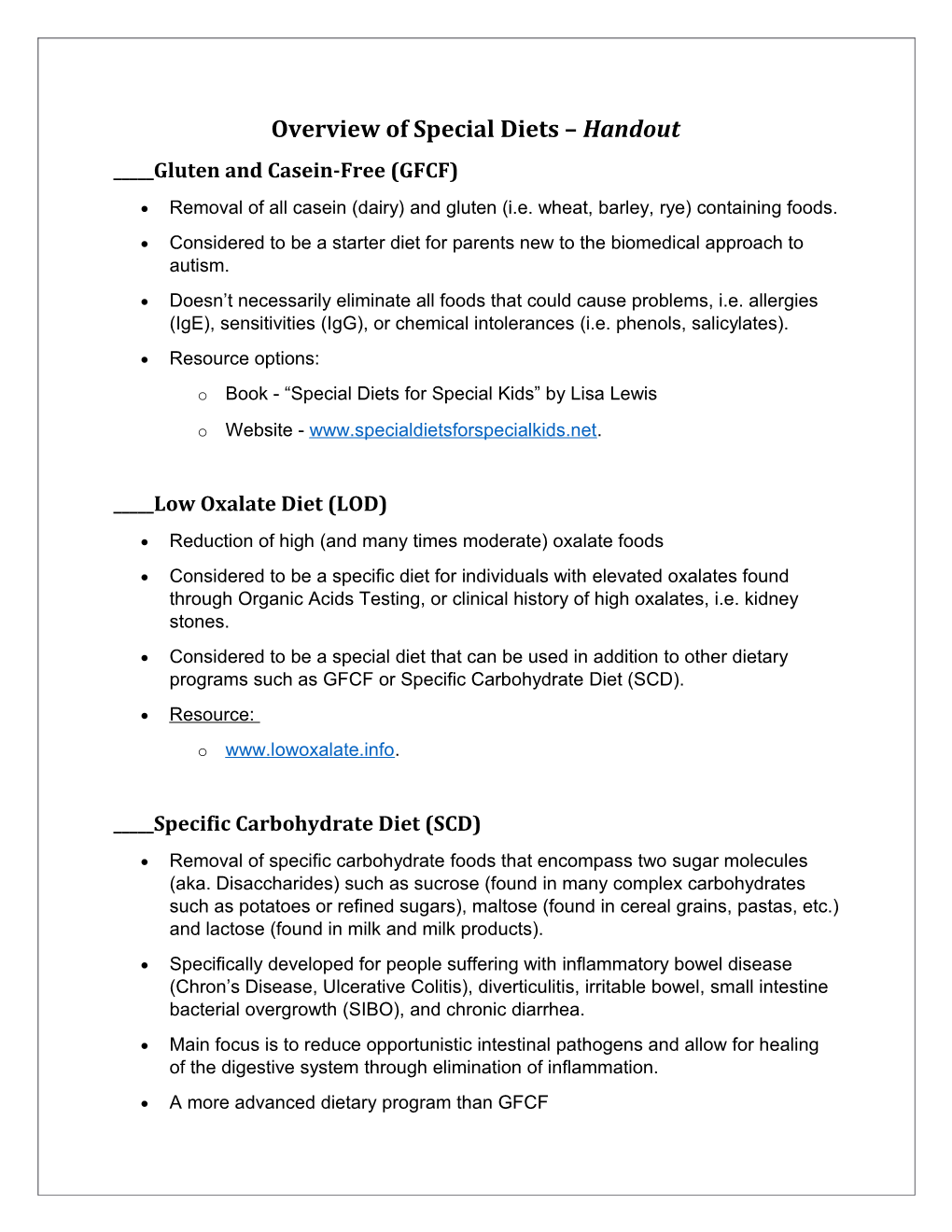 Overview of Special Diets Handout