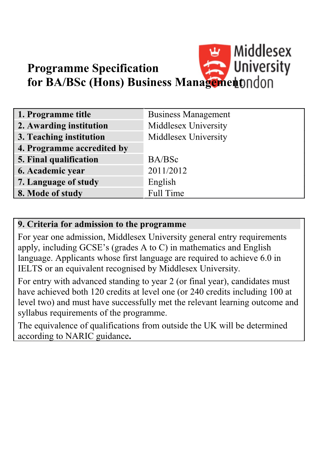 Programme Specification Forba/Bsc (Hons) Business Management
