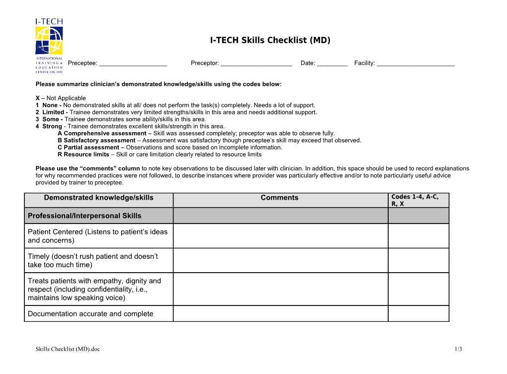 Please Summarize Clinician S Demonstrated Knowledge/Skills Using the Codes Below