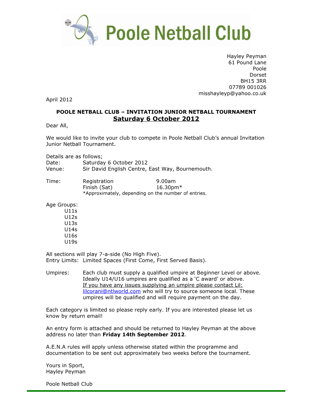 Poole Netball Club Invitation Junior Netball Tournament