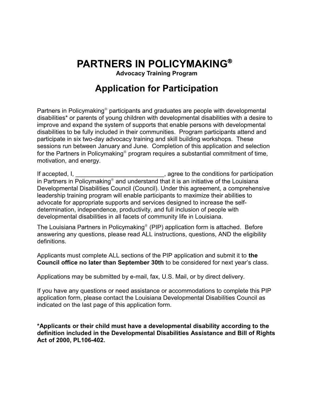PARTNERS in POLICYMAKING Advocacy Training Program