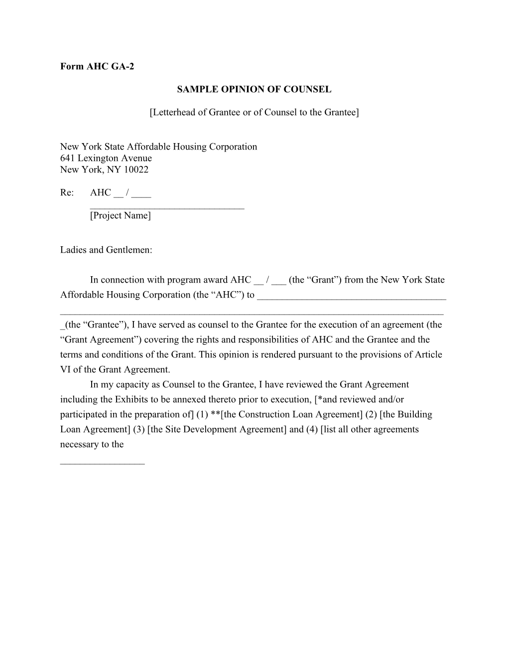 AHC Form GA-2 Sample Opinion of Counsel