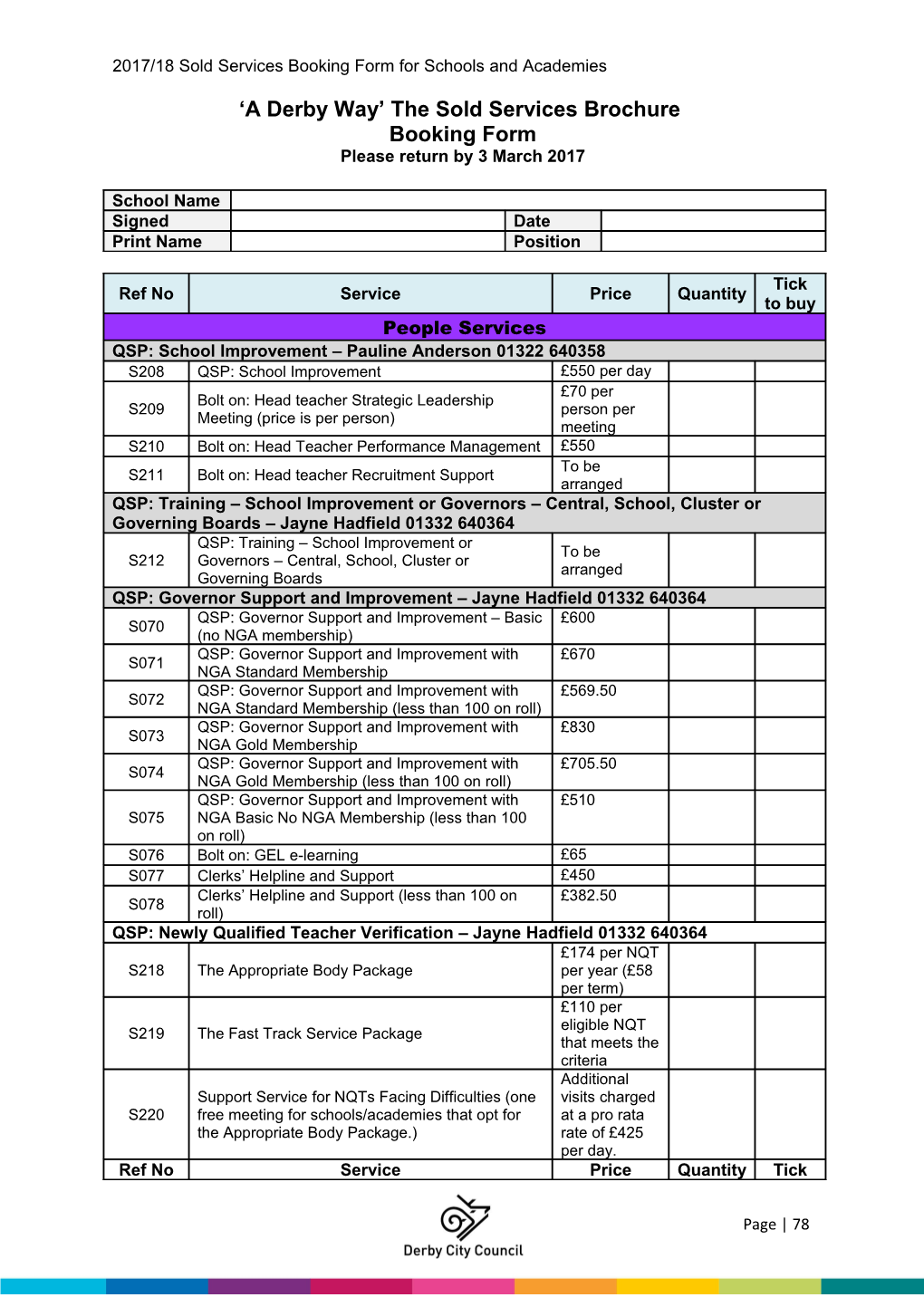 2017/18 Sold Services Booking Form for Schools and Academies