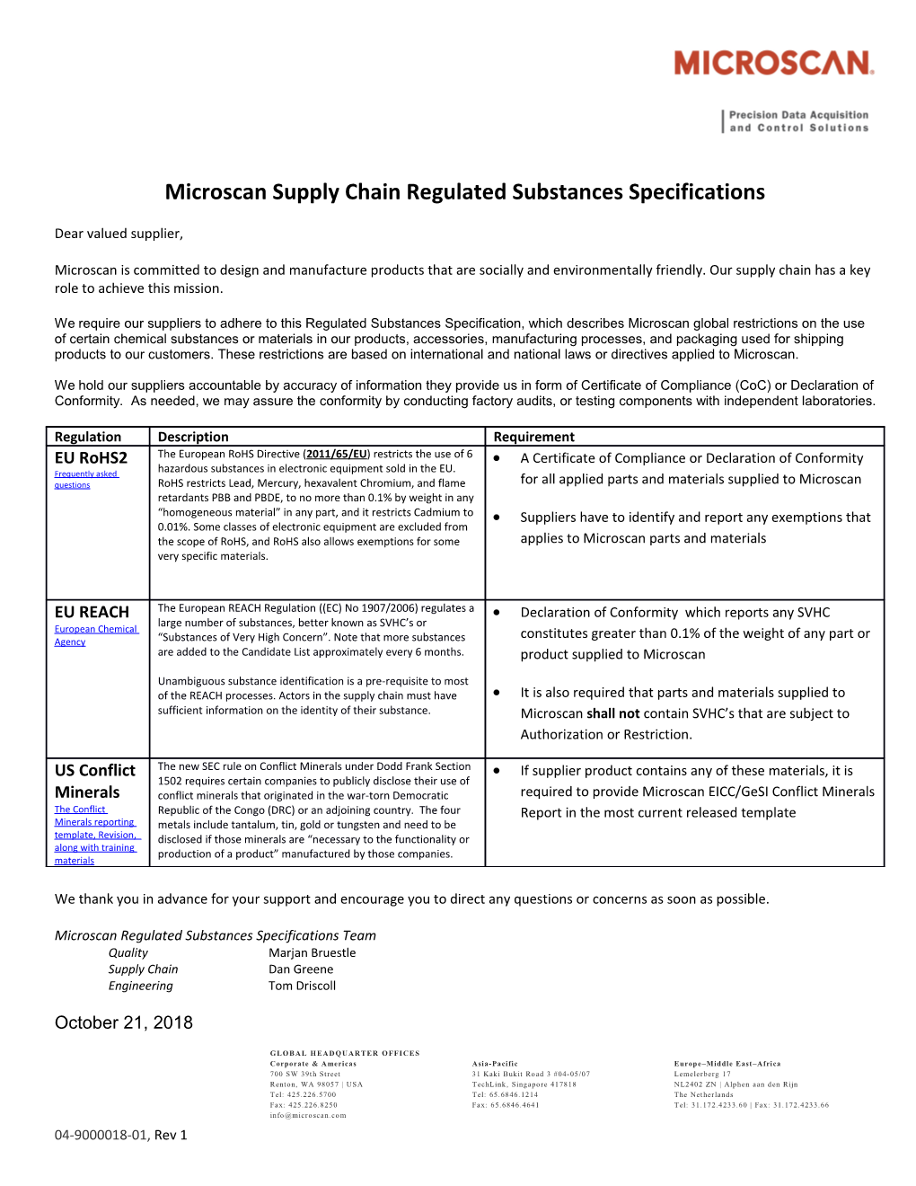 Microscan Supply Chain Regulated Substances Specifications