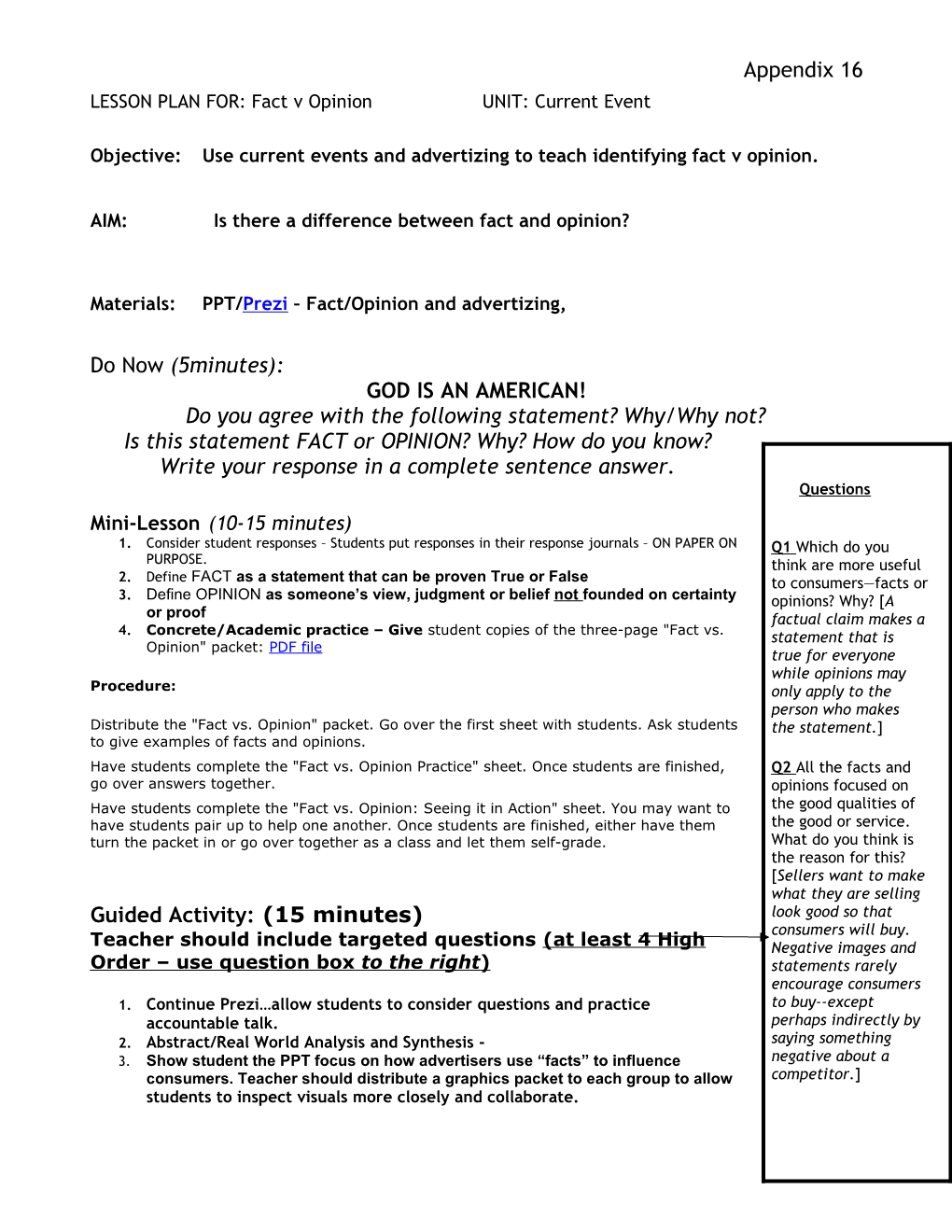 LESSON PLAN FOR: Fact V Opinionunit: Current Event