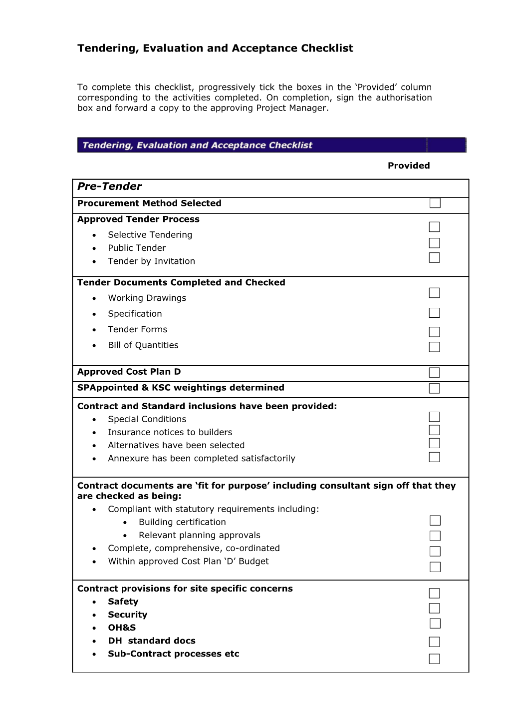 Tendering, Evaluation and Acceptance Checklist