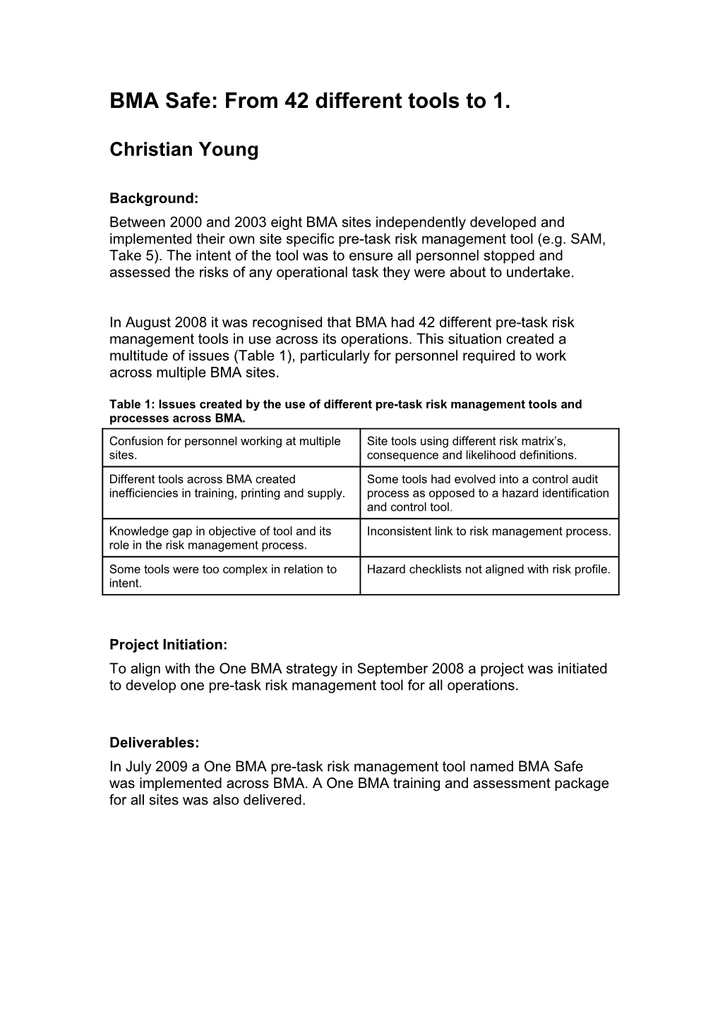 BMA SAFE: Development to Implementation