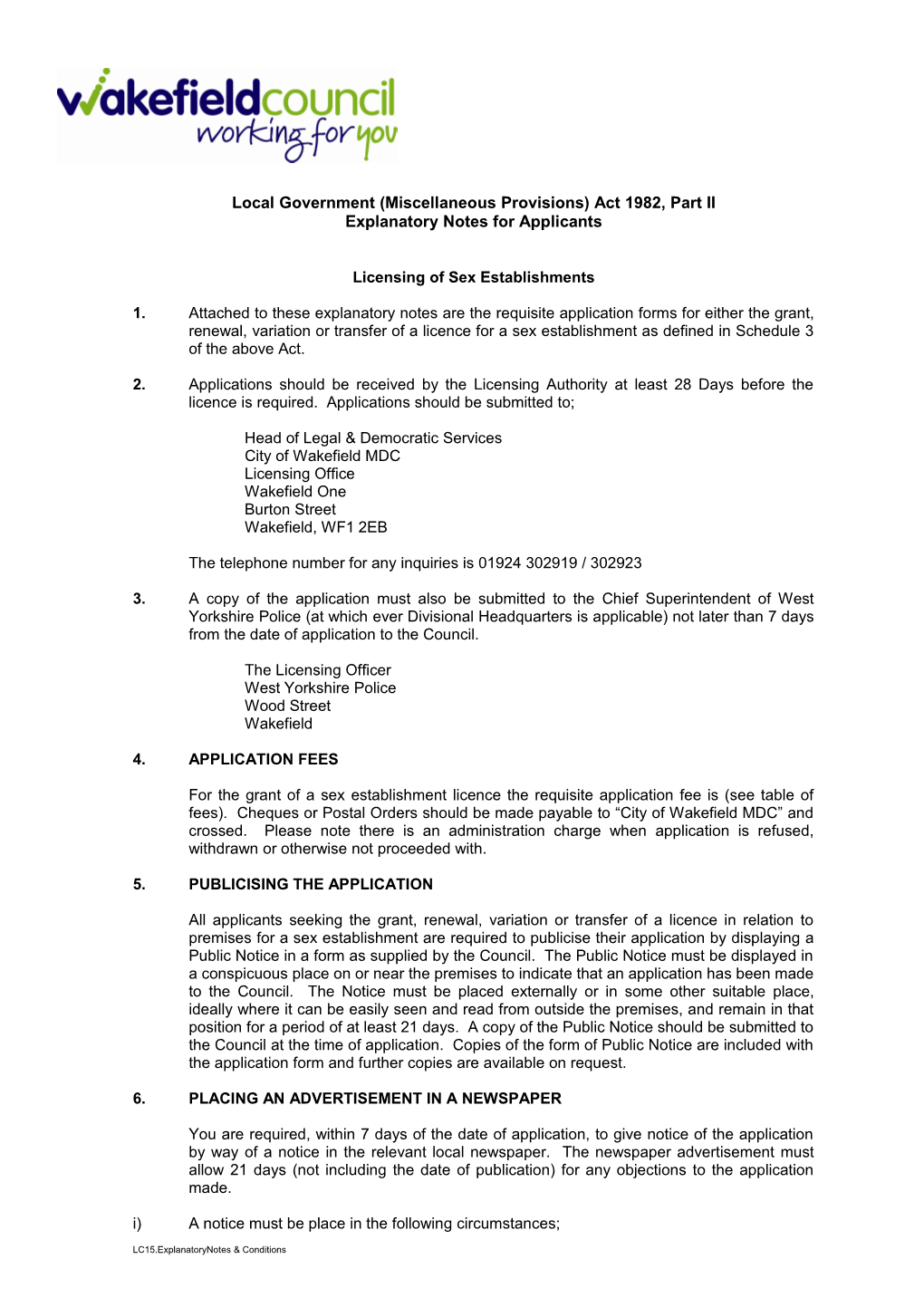 LC15 Licence Application Explanatory Notes and Conditions
