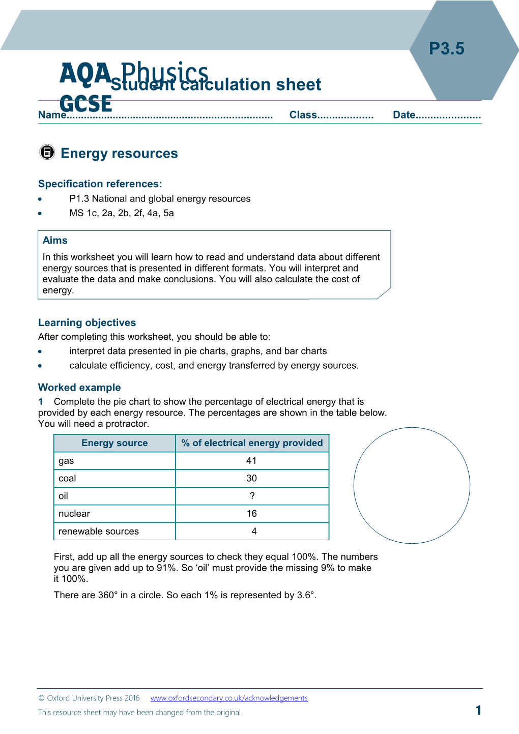 Student Calculation Sheet