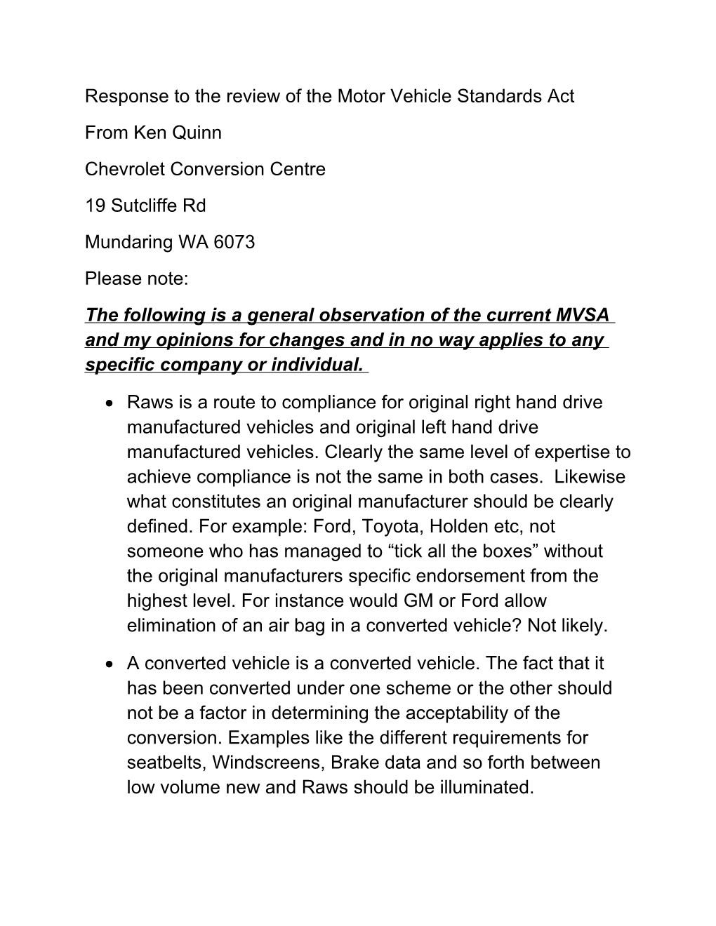 Response to the Review of the Motor Vehicle Standards Act