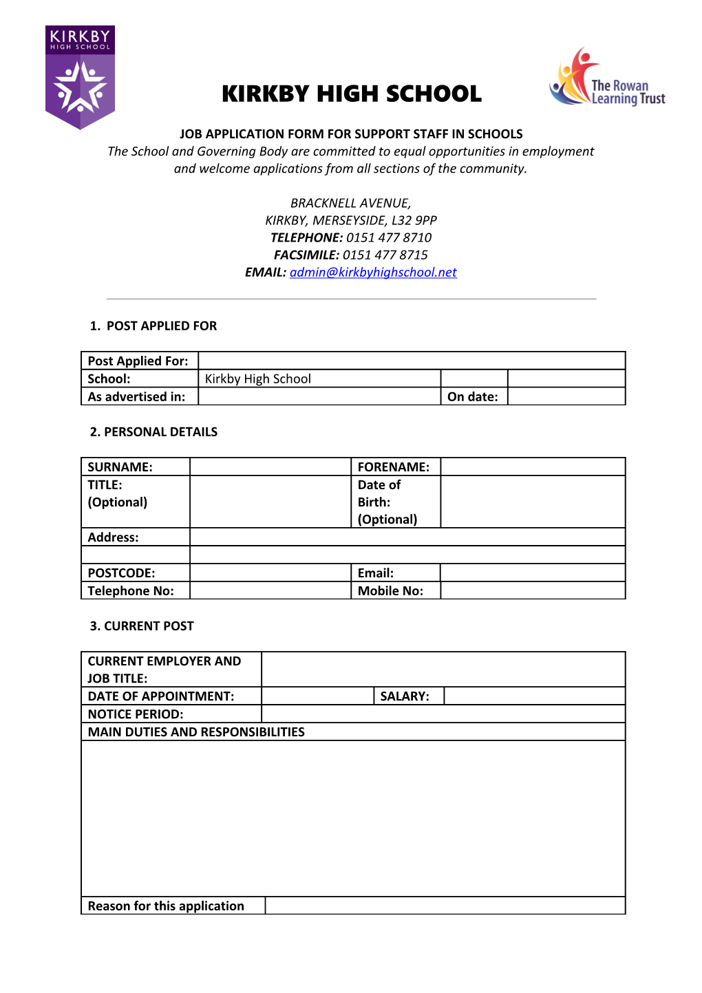 Job Application Form for Support Staff in Schools