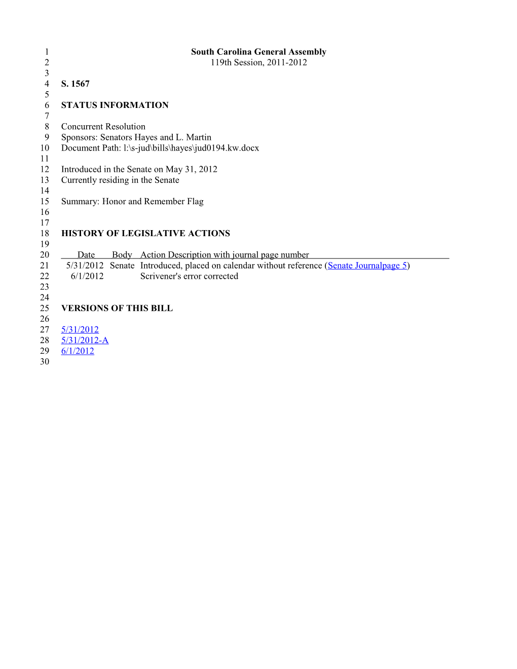 2011-2012 Bill 1567: Honor and Remember Flag - South Carolina Legislature Online