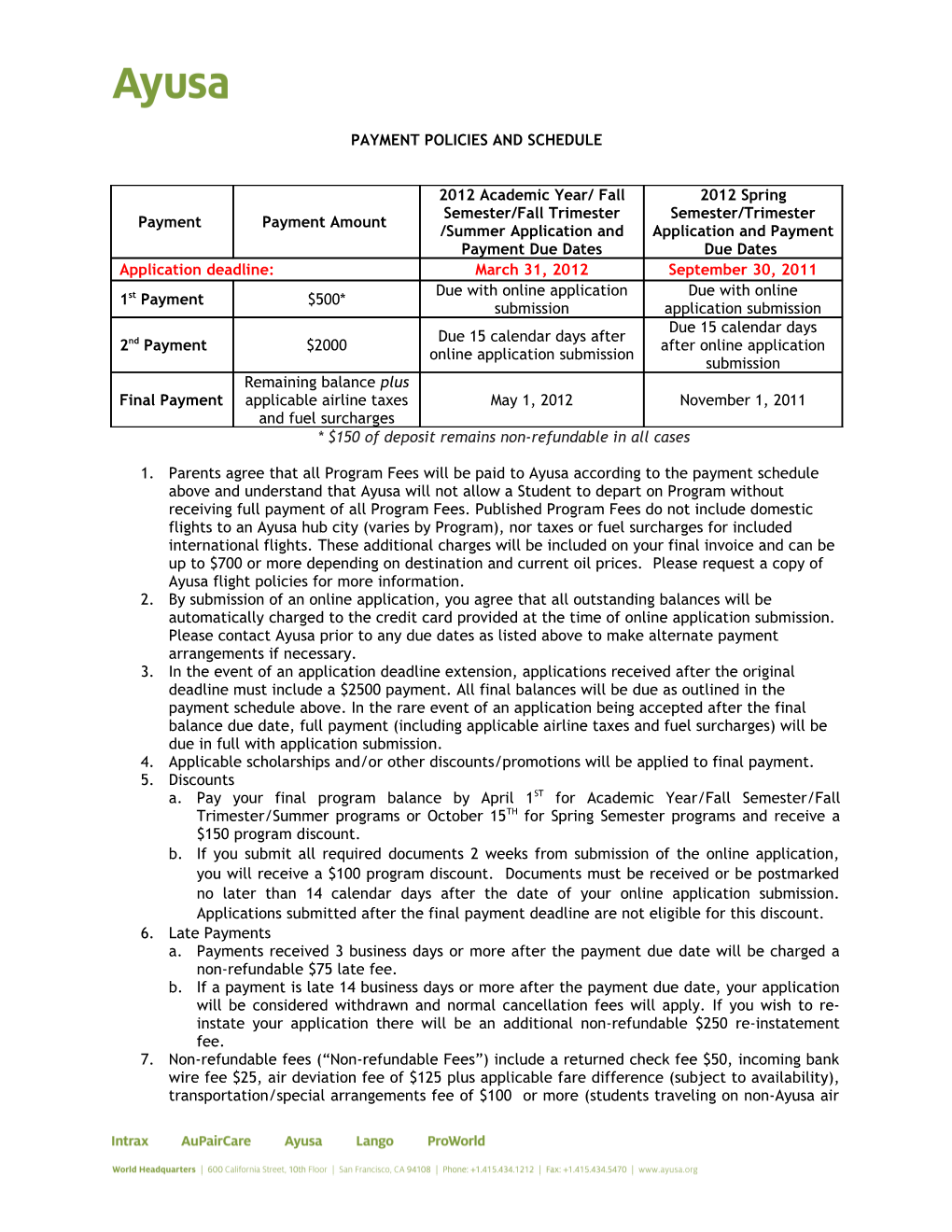 Payment Policies and Schedule