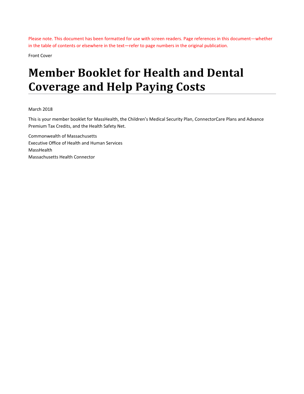 Member Booklet for Health and Dental Coverage and Help Paying Costs