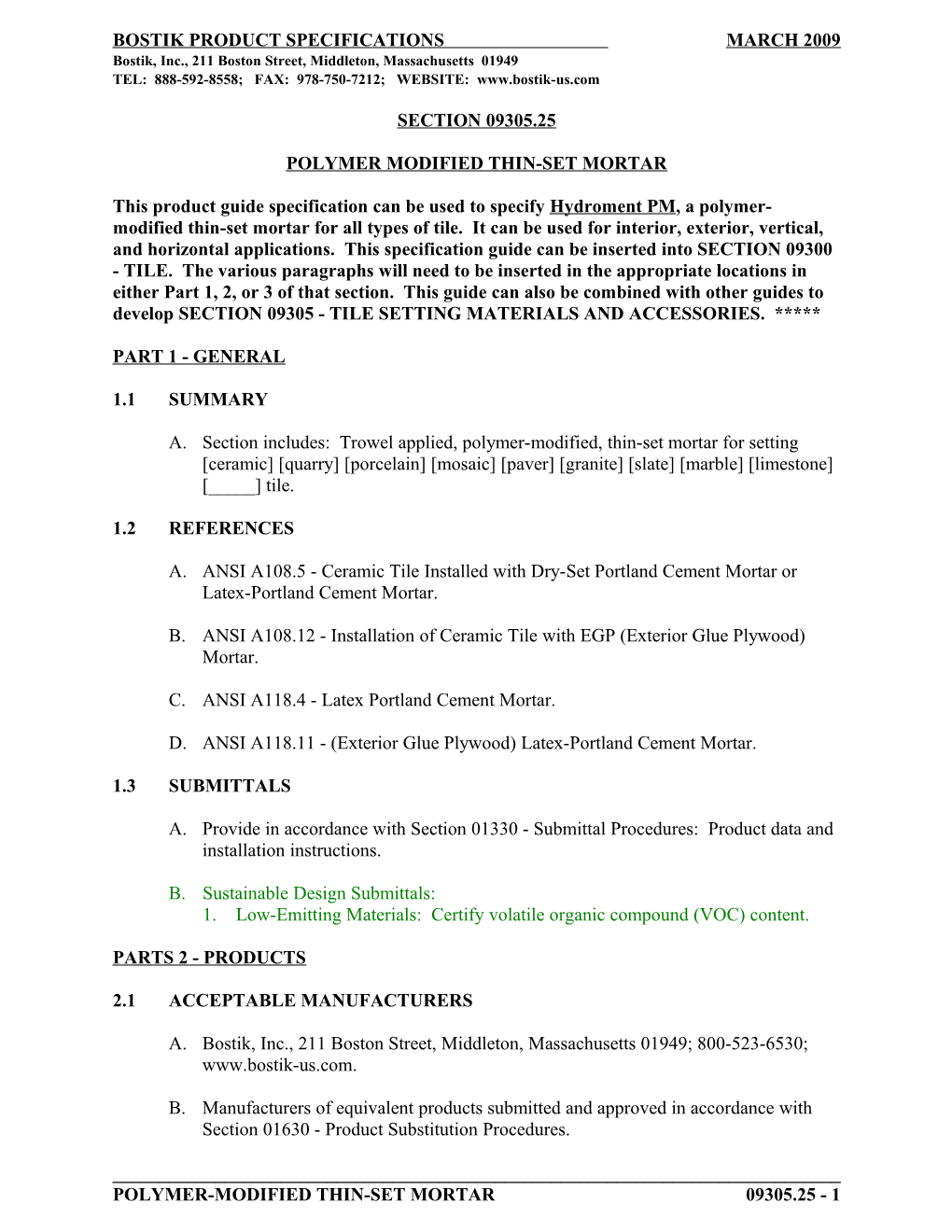 Bostik Product Specifications March 2009