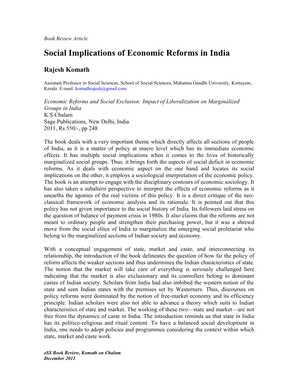 Social Implications of Economic Reforms in India