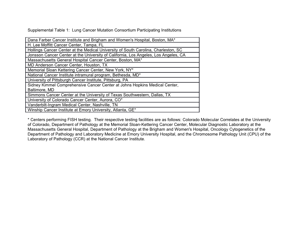 Supplemental Table 1: Lung Cancer Mutation Consortium Participating Institutions