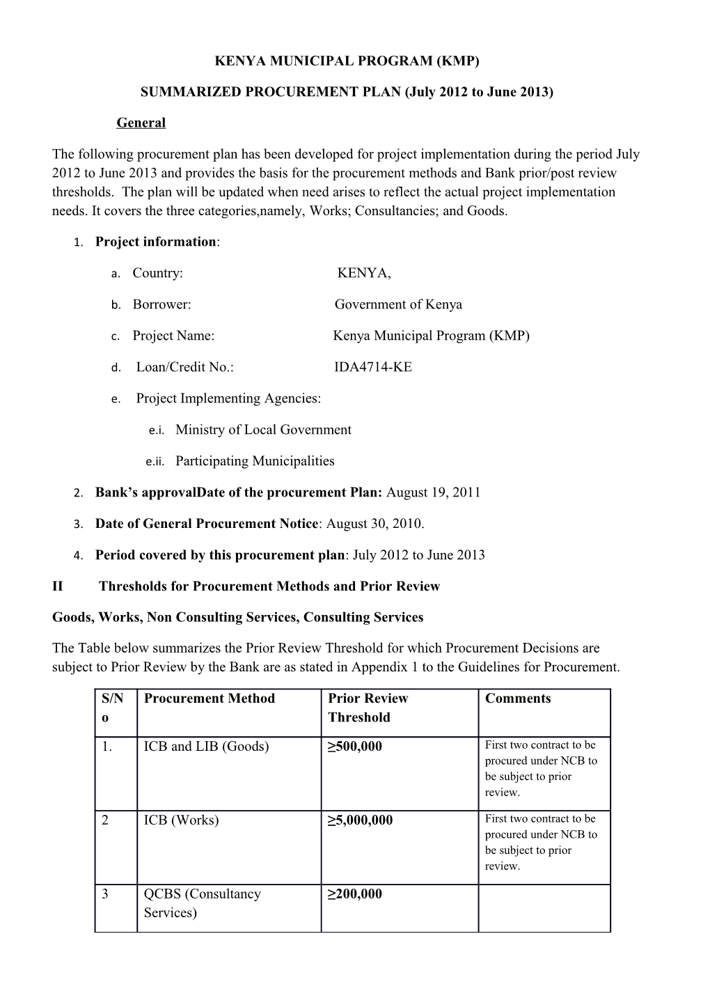 SUMMARIZED PROCUREMENT PLAN (July 2012 to June 2013)