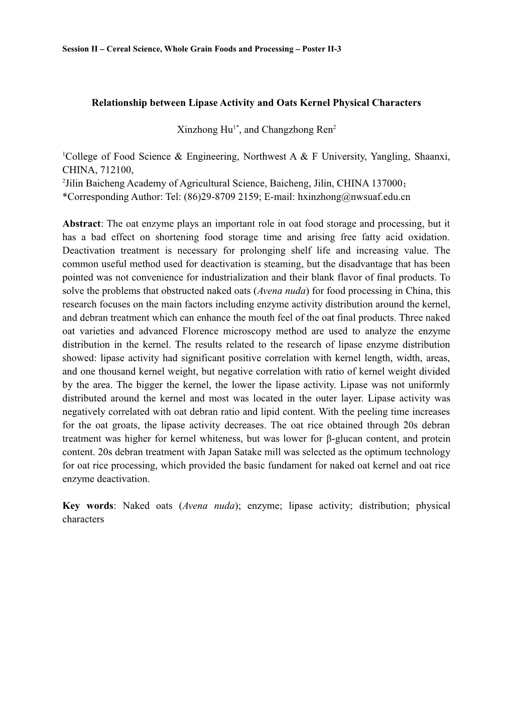 Relationship Between Lipase Activity and Oats Kernel Physical Characters