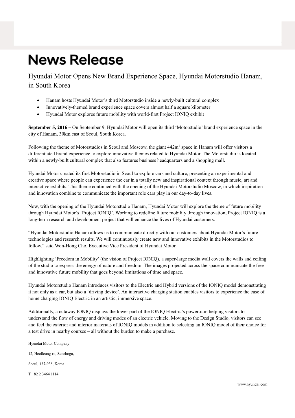 Hyundai Motor Opens New Brand Experience Space, Hyundaimotorstudiohanam, in South Korea