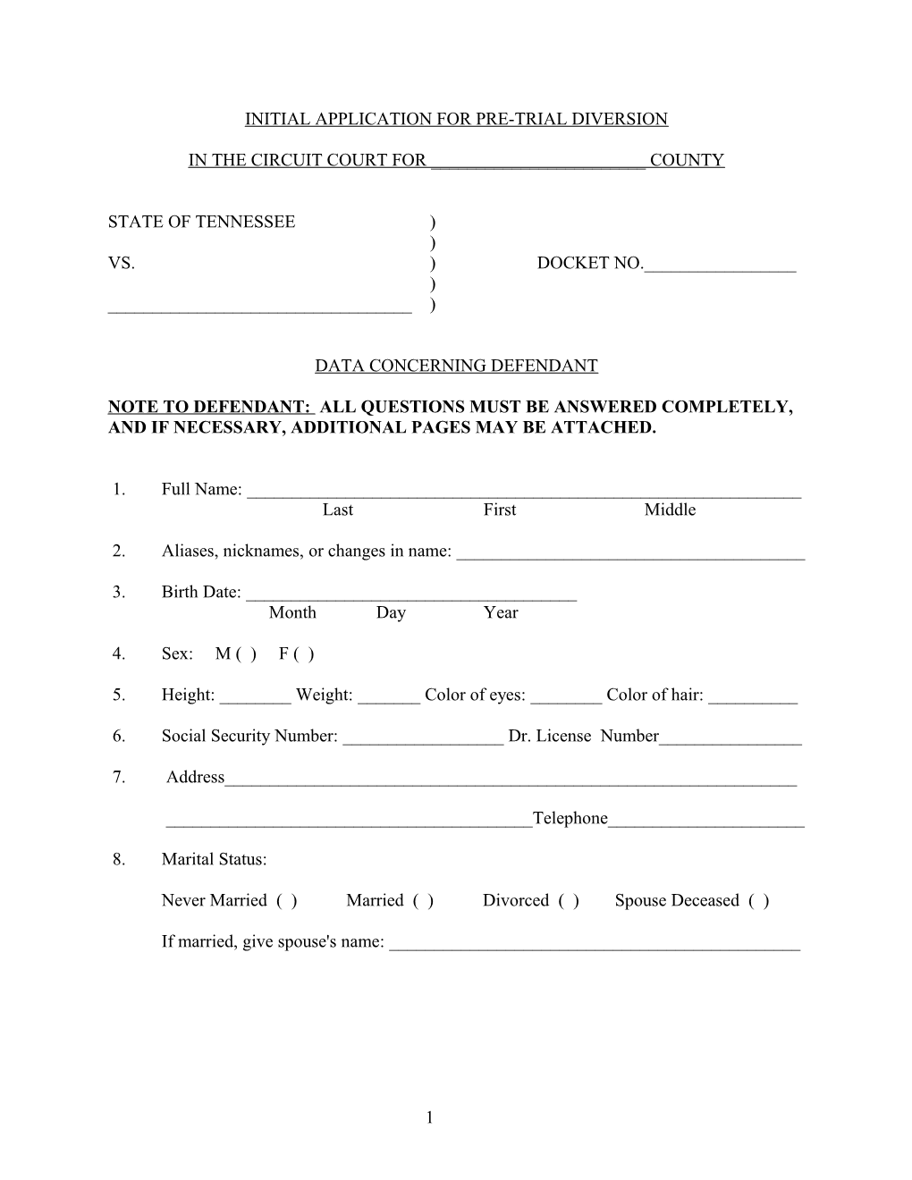 Initial Application for Pre-Trial Diversion