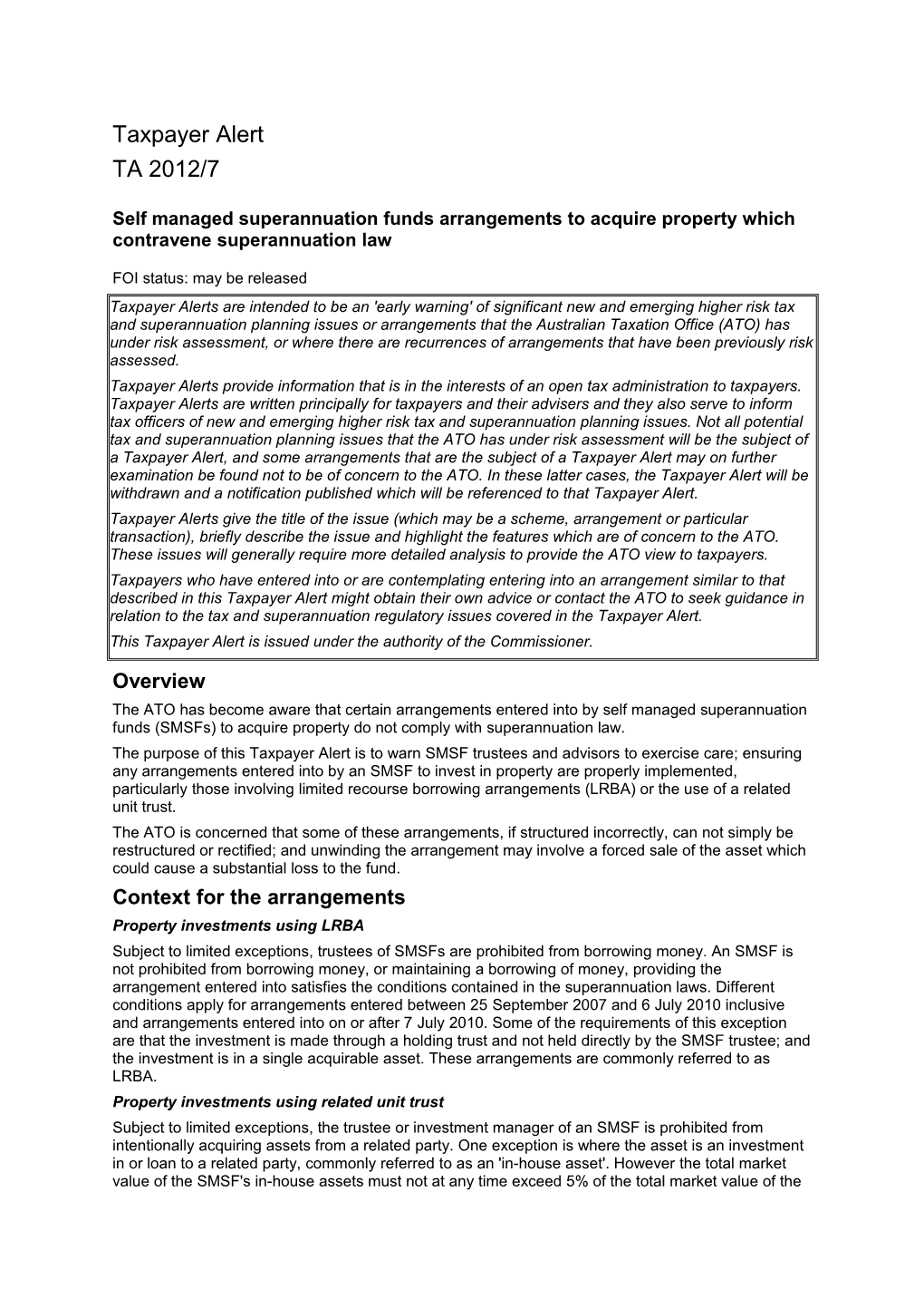 Self Managed Superannuation Funds Arrangements to Acquire Property Which Contravene