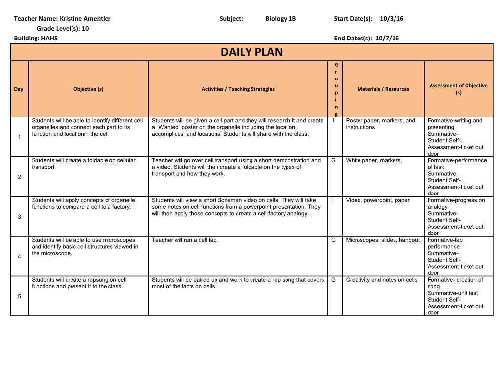 Teacher Name:Kristine Amentlersubject:Biology 1Bstart Date(S):10/3/16