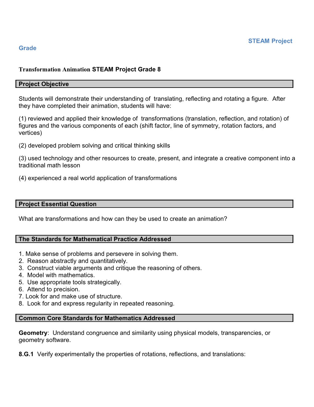 Transformation Animation STEAM Project Grade 8