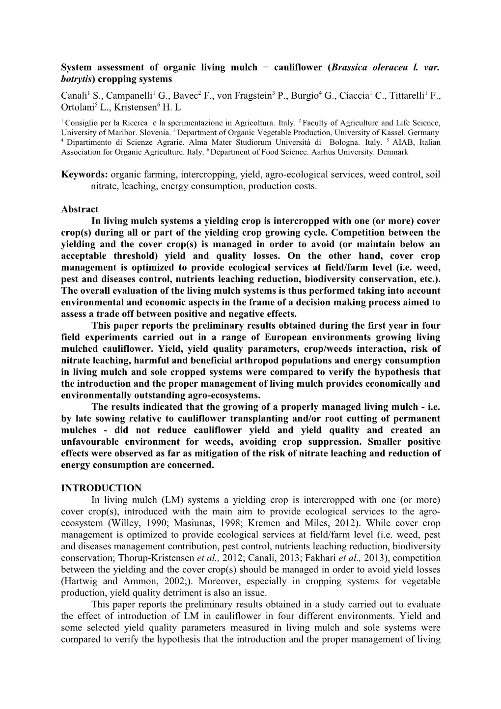 System Assessment of Organic Living Mulch Cauliflower (Brassica Oleracea L. Var. Botrytis)