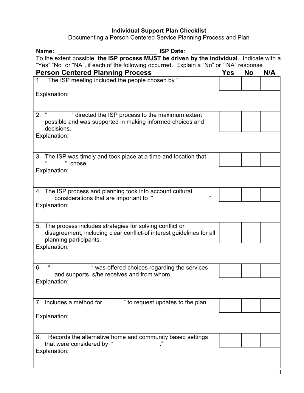 Individual Support Plan Checklist for Person Centered Planning Process