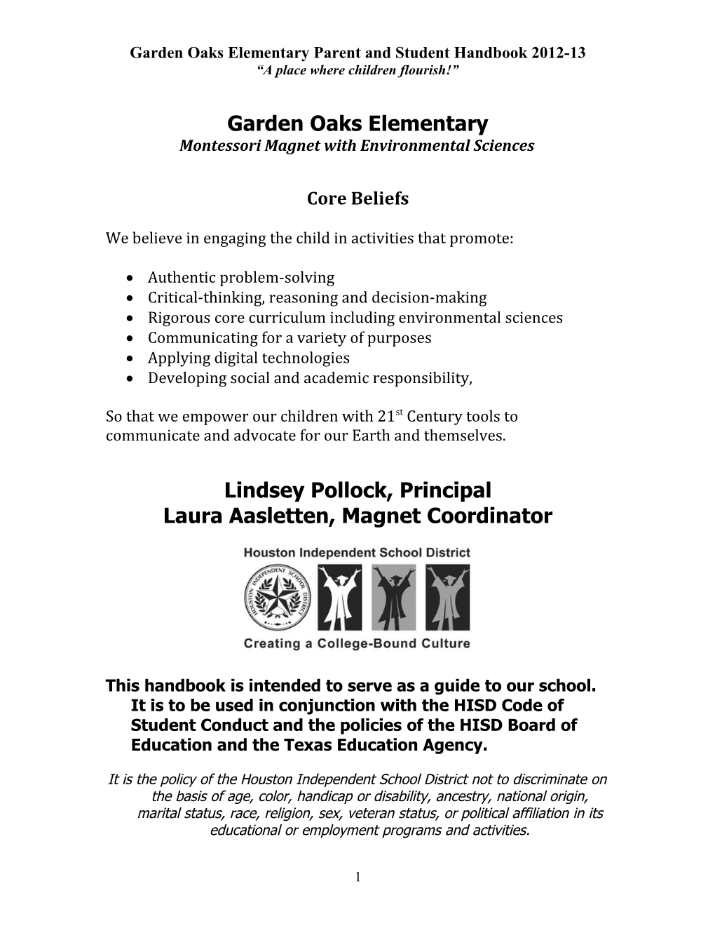Garden Oaks Elementary Parent and Student Handbook 2012-13