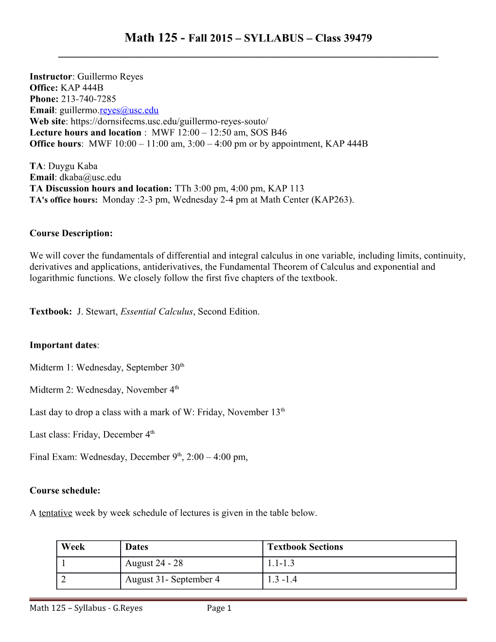 Math 125 - Fall 2015 SYLLABUS Class 39479