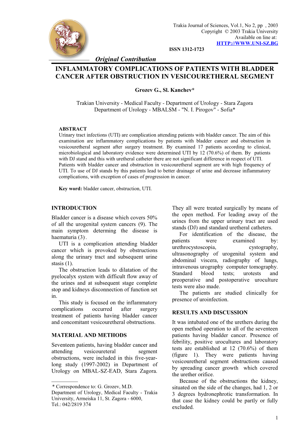 Inflammatory Complications of Patients with Bladder Cancer After Obstruction in Vesicouretheral