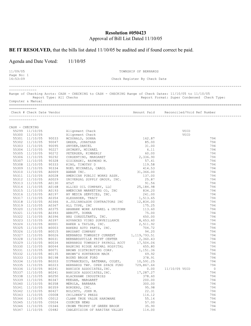 Approval of Bill List Dated 11/10/05