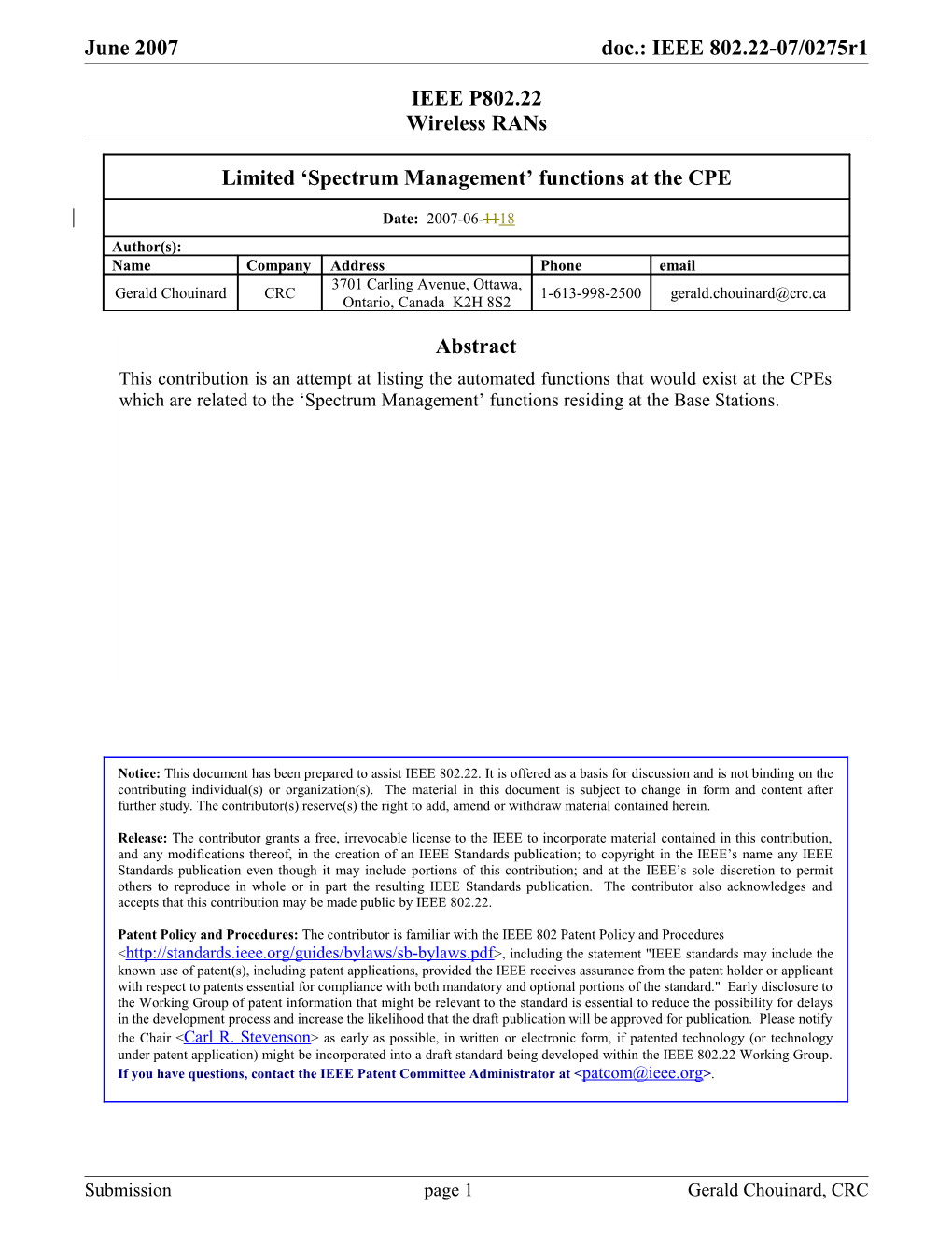 Limited Spectrum Management Functions at the CPE