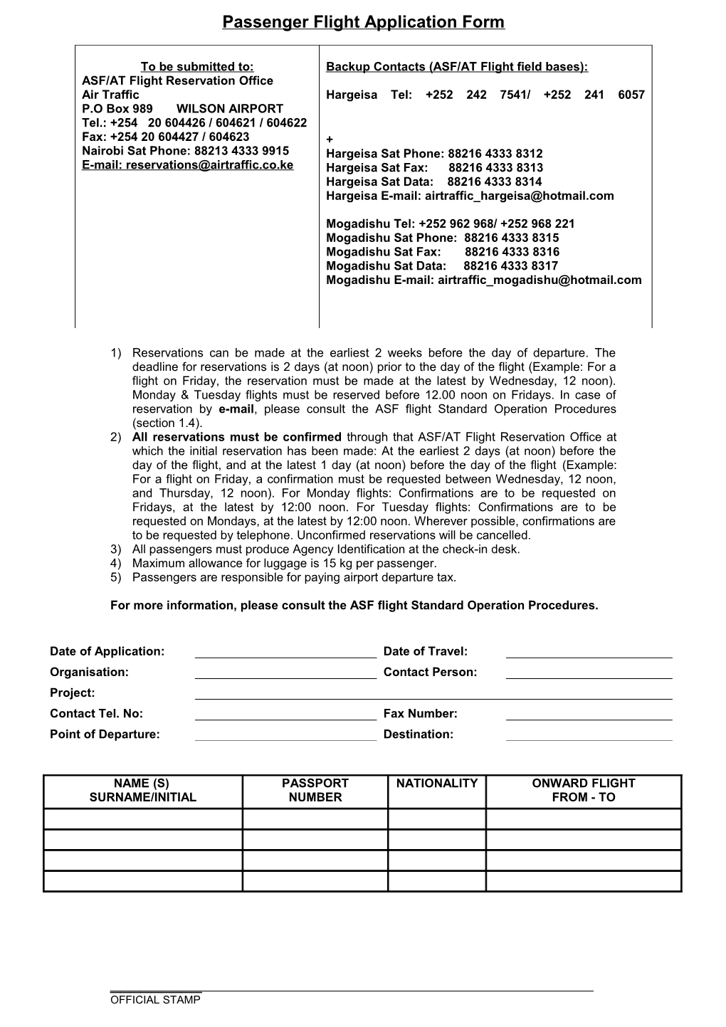 Passenger Flight Application Form