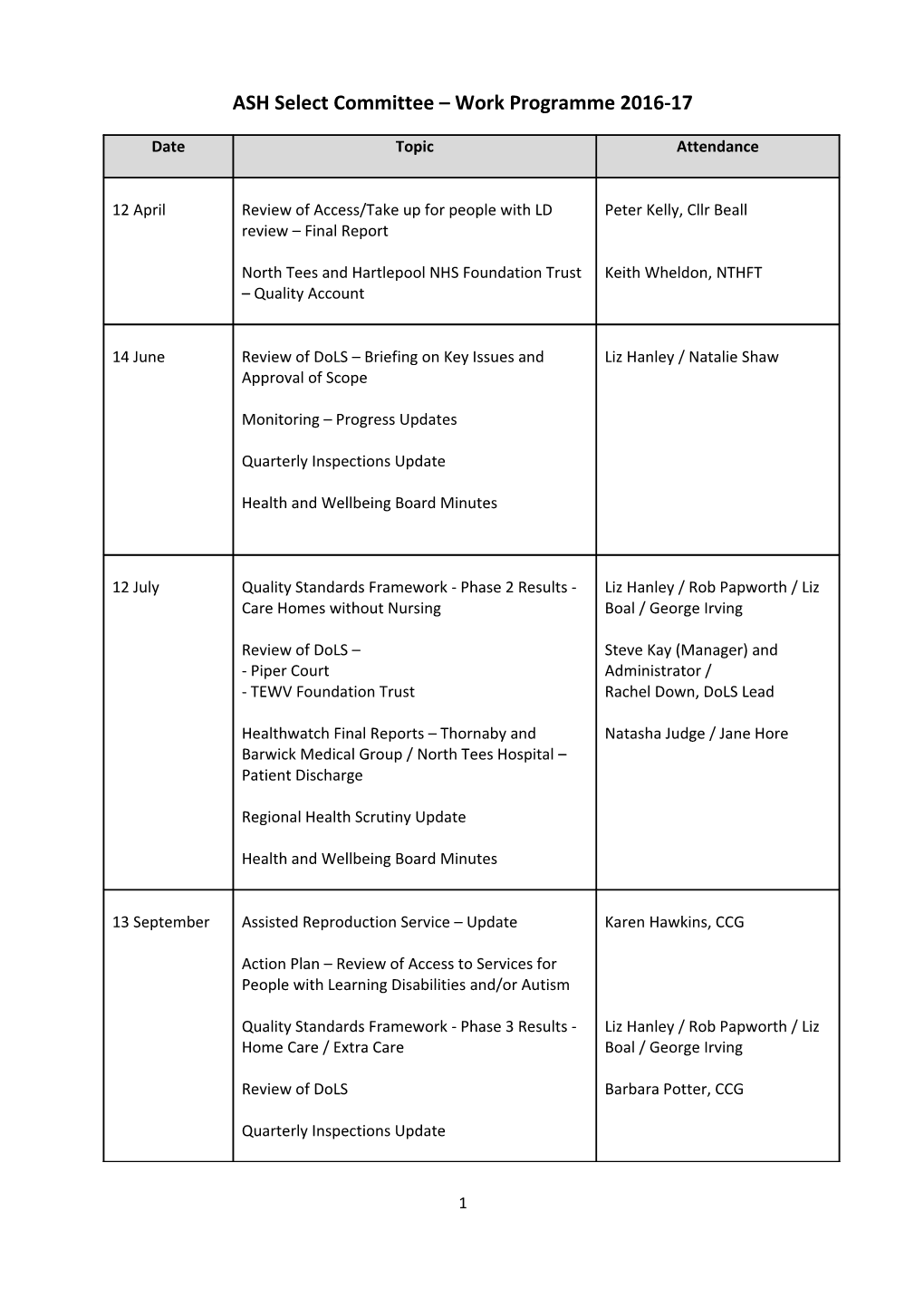 ASH Select Committee Work Programme 2016-17