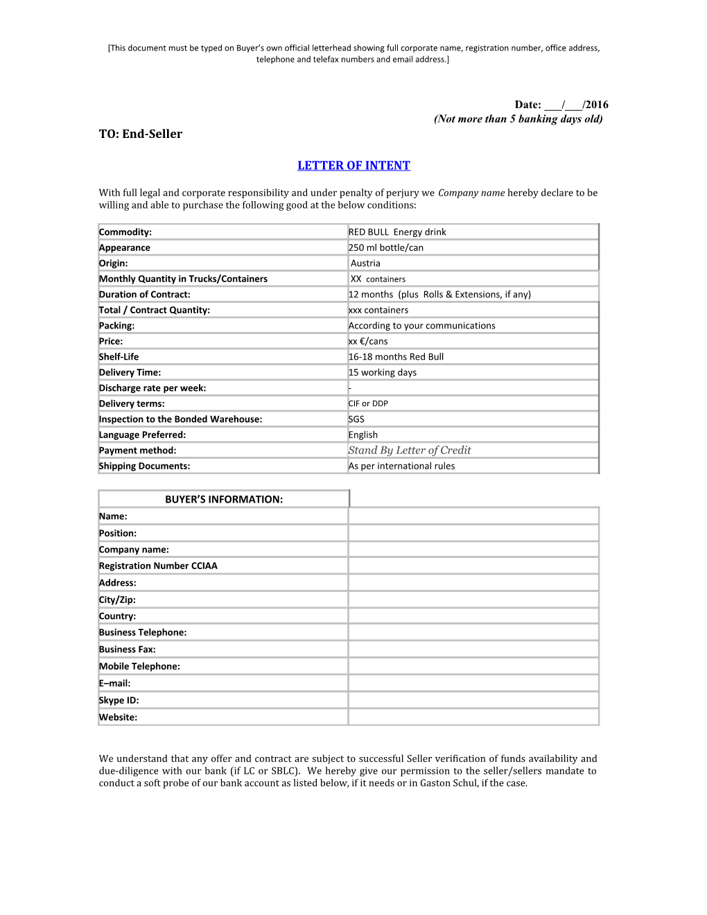 This Documentmust Be Typed on Buyer S Own Official Letterhead Showing Full Corporate Name